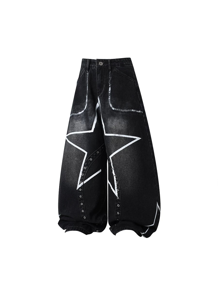 TR BRUSHHIFT American Punk Pentagram Hand drawn Graffiti Deconstruction Jeans Washed Bent Knife Wide Leg Pants