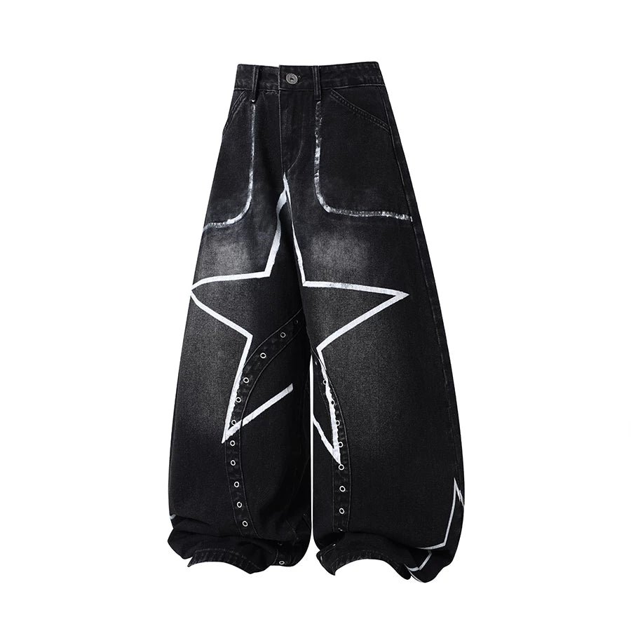TR BRUSHHIFT American Punk Pentagram Hand drawn Graffiti Deconstruction Jeans Washed Bent Knife Wide Leg Pants
