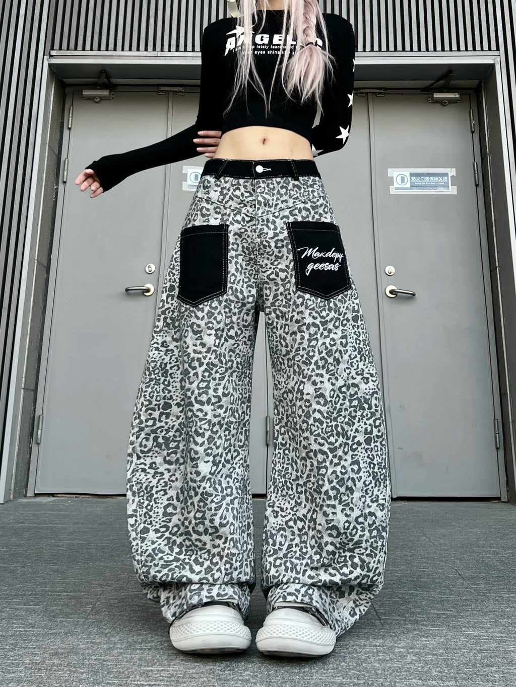 TR BRUSHHIFT American retro leopard print patch pocket jeans street loose wide leg curved knife pants
