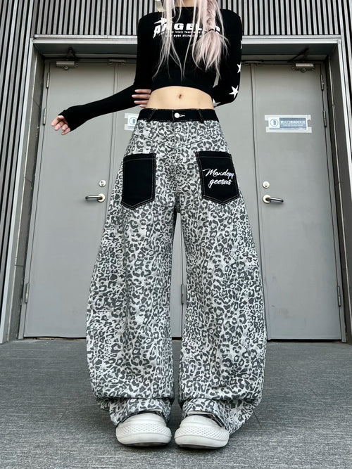 TR BRUSHHIFT American retro leopard print patch pocket jeans street loose wide leg curved knife pants