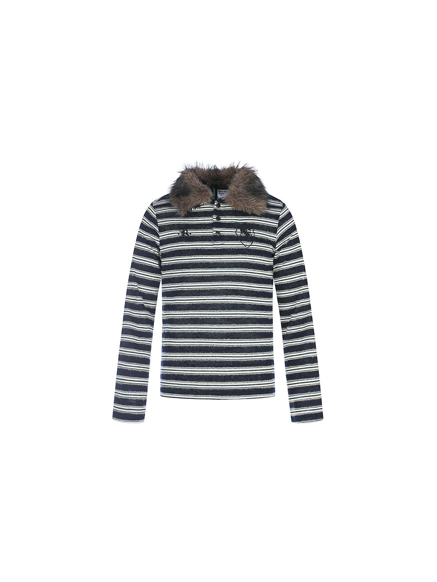 TR BRUSHHIFT American light Asian style warhorse embroidered fur lapel long sleeved hoodie slim striped top