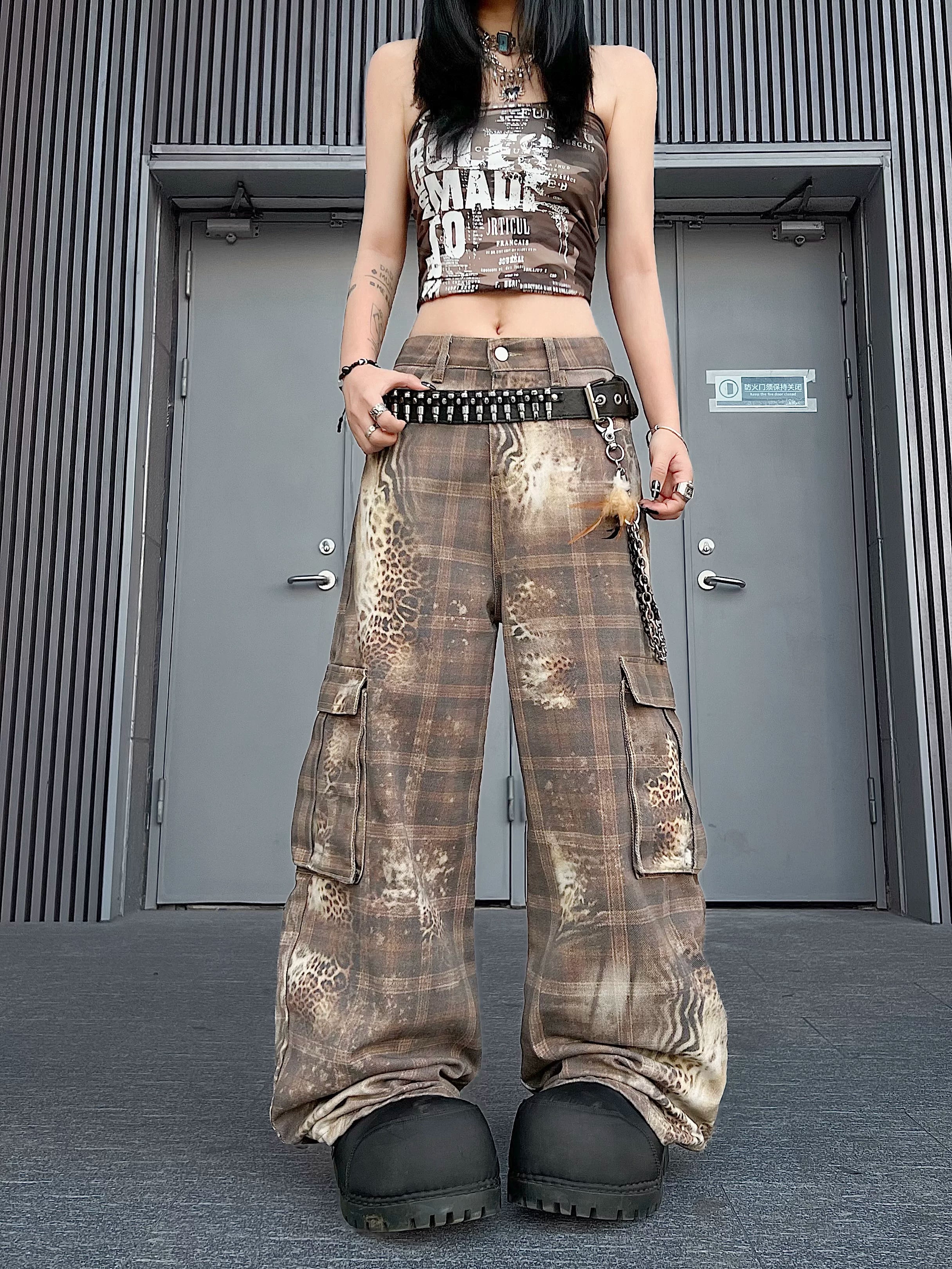 TR BRUSHHIFT American retro leopard print checkered printed curved knife work pants jazz street dance casual pants