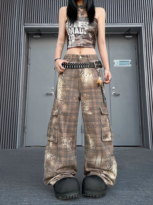 TR BRUSHHIFT American retro leopard print checkered printed curved knife work pants jazz street dance casual pants