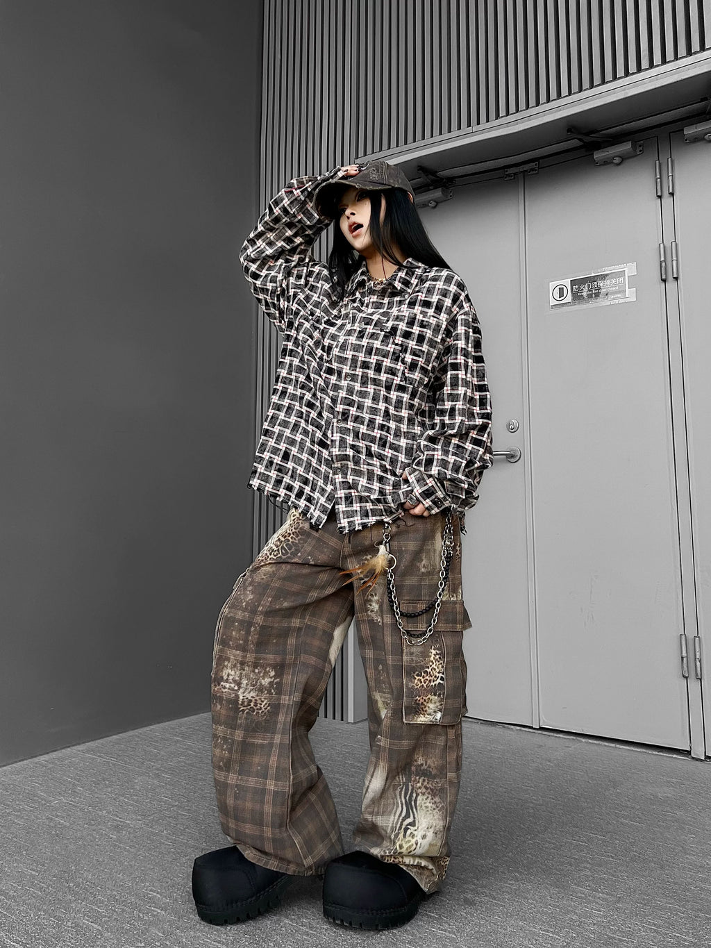 TR BRUSHHIFT American retro leopard print checkered printed curved knife work pants jazz street dance casual pants