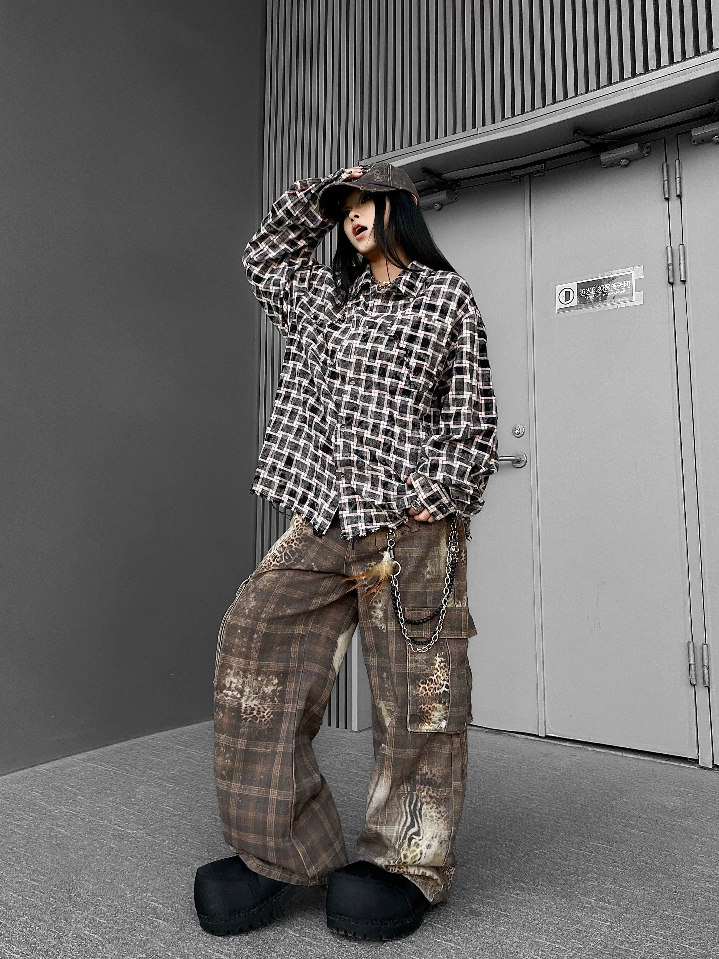 TR BRUSHHIFT American retro leopard print checkered printed curved knife work pants jazz street dance casual pants