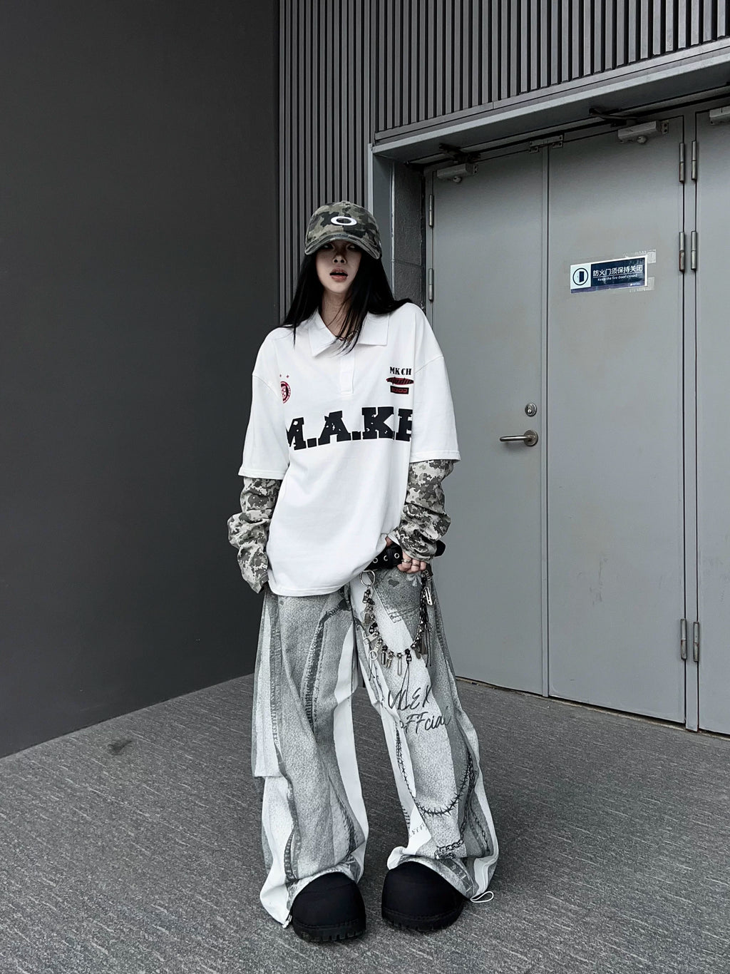 TR BRUSHHIFT 3D digital printing direct spray process jeans American Y2K pleated curved knife wide leg pants