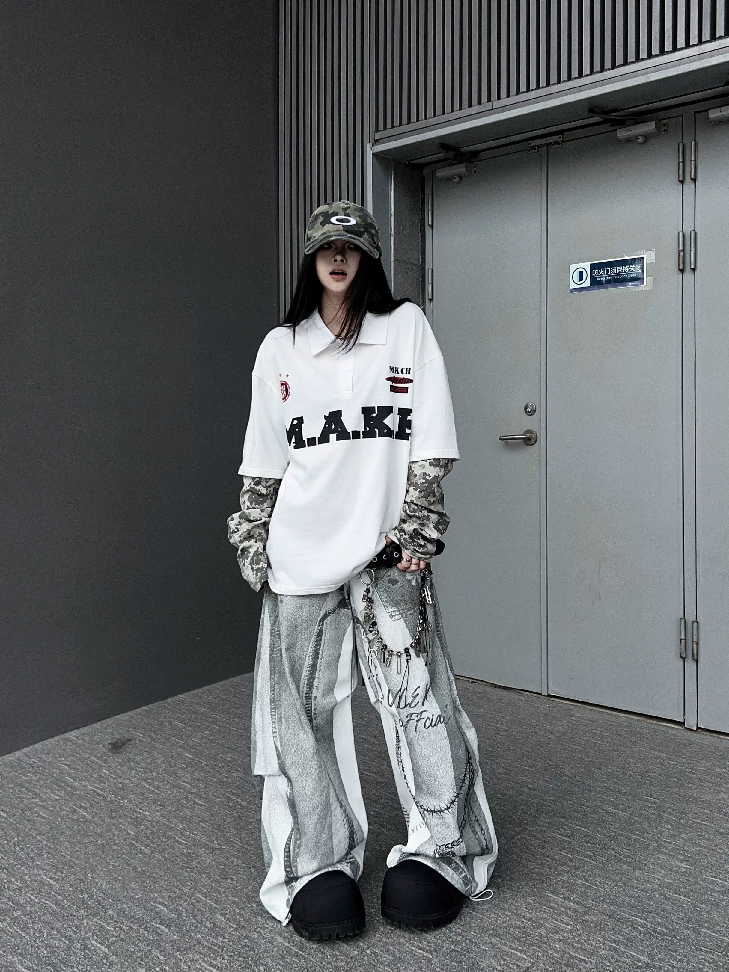 TR BRUSHHIFT 3D digital printing direct spray process jeans American Y2K pleated curved knife wide leg pants