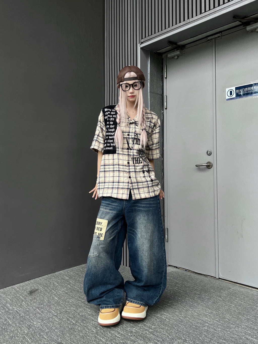 TR BRUSHHIFT American retro patchwork curved knife jeans washed and worn wide leg floor length pants