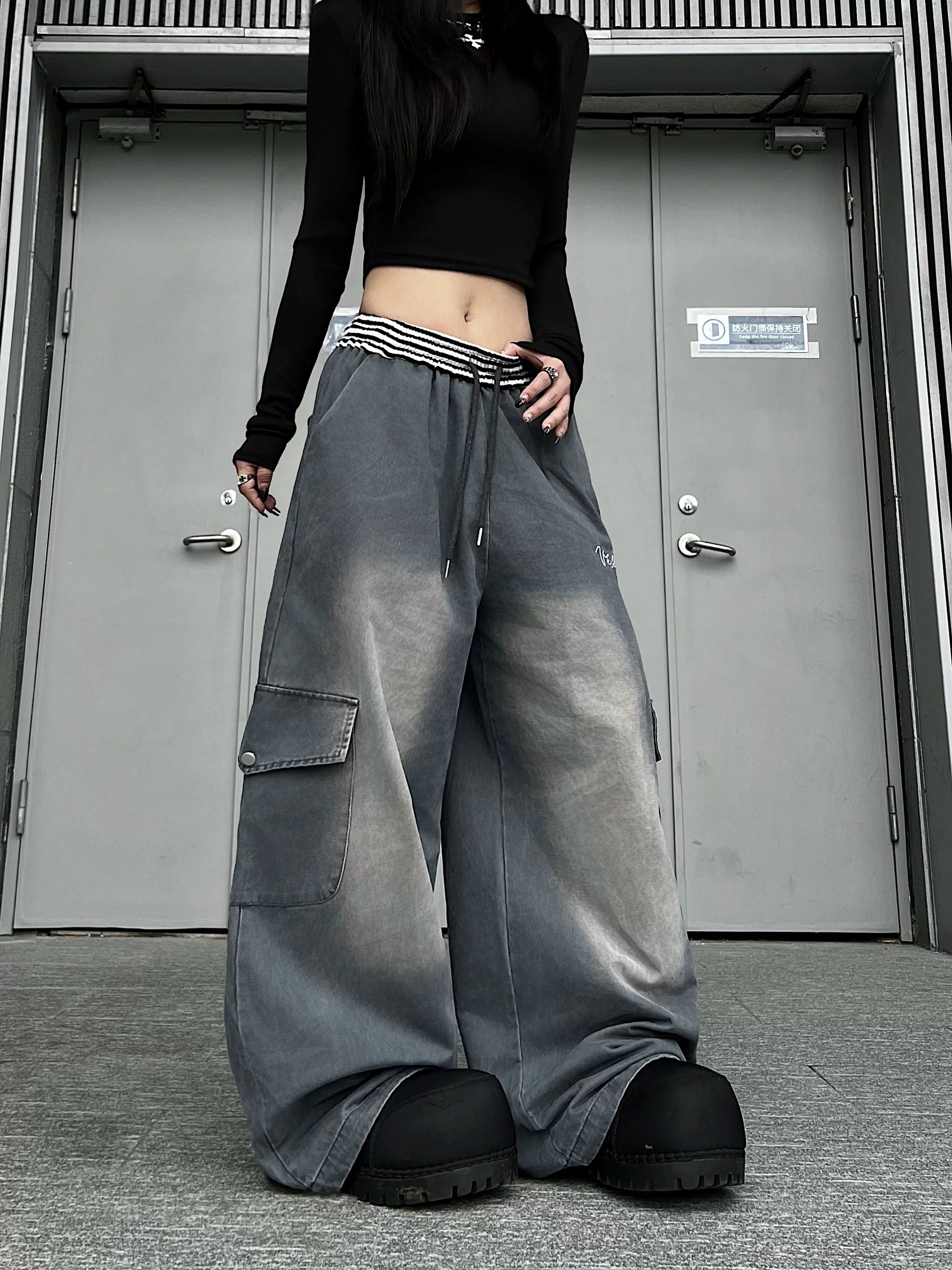 TR BRUSHHIFT American washed distressed elastic jeans for men and women, loose wide leg work pants trendy on the streets