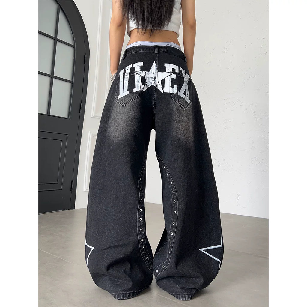 TR BRUSHHIFT American Punk Pentagram Hand drawn Graffiti Deconstruction Jeans Washed Bent Knife Wide Leg Pants