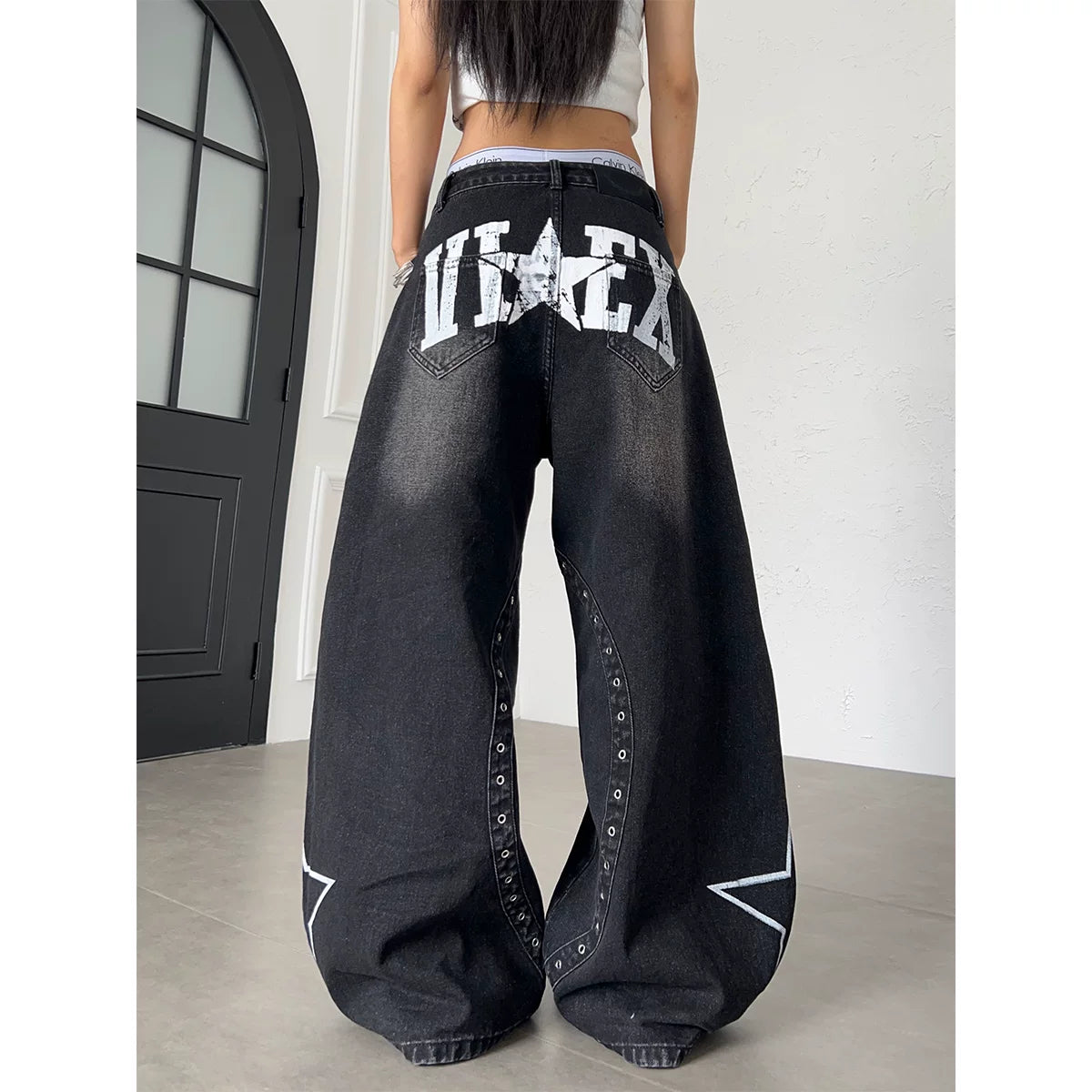 TR BRUSHHIFT American Punk Pentagram Hand drawn Graffiti Deconstruction Jeans Washed Bent Knife Wide Leg Pants