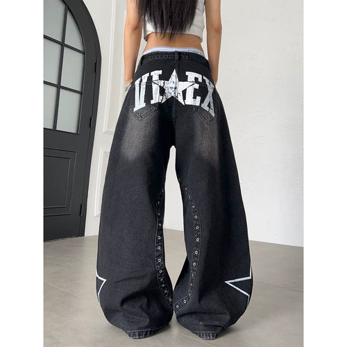 TR BRUSHHIFT American Punk Pentagram Hand drawn Graffiti Deconstruction Jeans Washed Bent Knife Wide Leg Pants