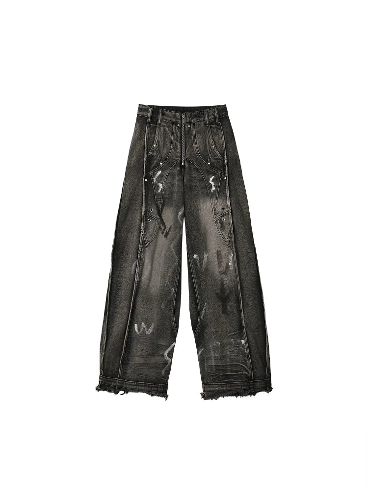 TR BRUSHHIFT American retro vintage distressed graffiti silhouette jeans wide leg mop pants trendy