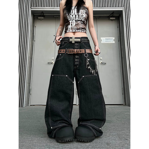 TR BRUSHHIFT American Heavy Industry Eight Loop Buckle Double Head Waist Original Bull Street Loose Straight Tube Logging Jeans