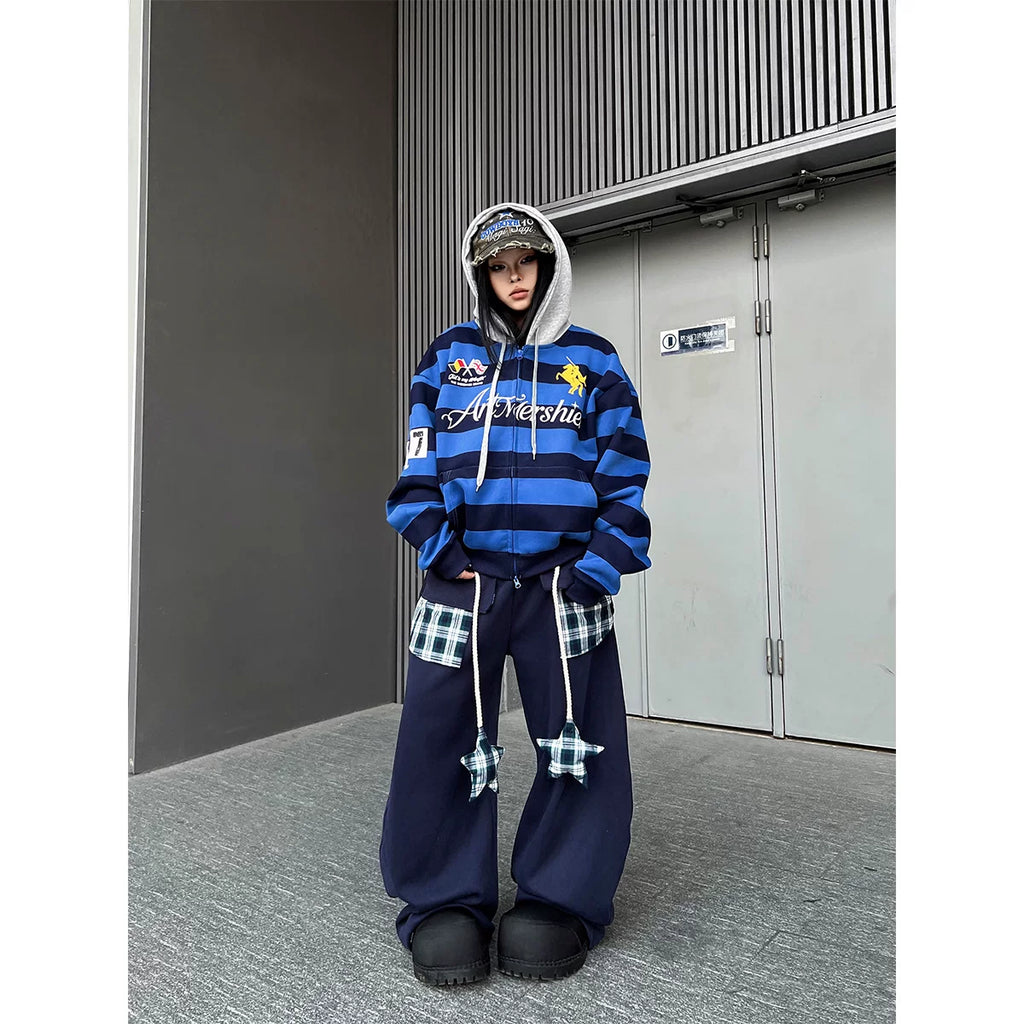TR BRUSHHIFT American style patchwork plaid strap curved knife casual thick cotton pants with drooping jazz dance wide leg pants