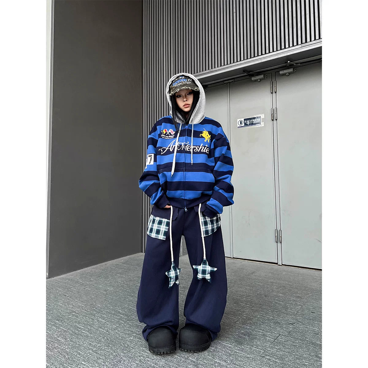 TR BRUSHHIFT American style patchwork plaid strap curved knife casual thick cotton pants with drooping jazz dance wide leg pants
