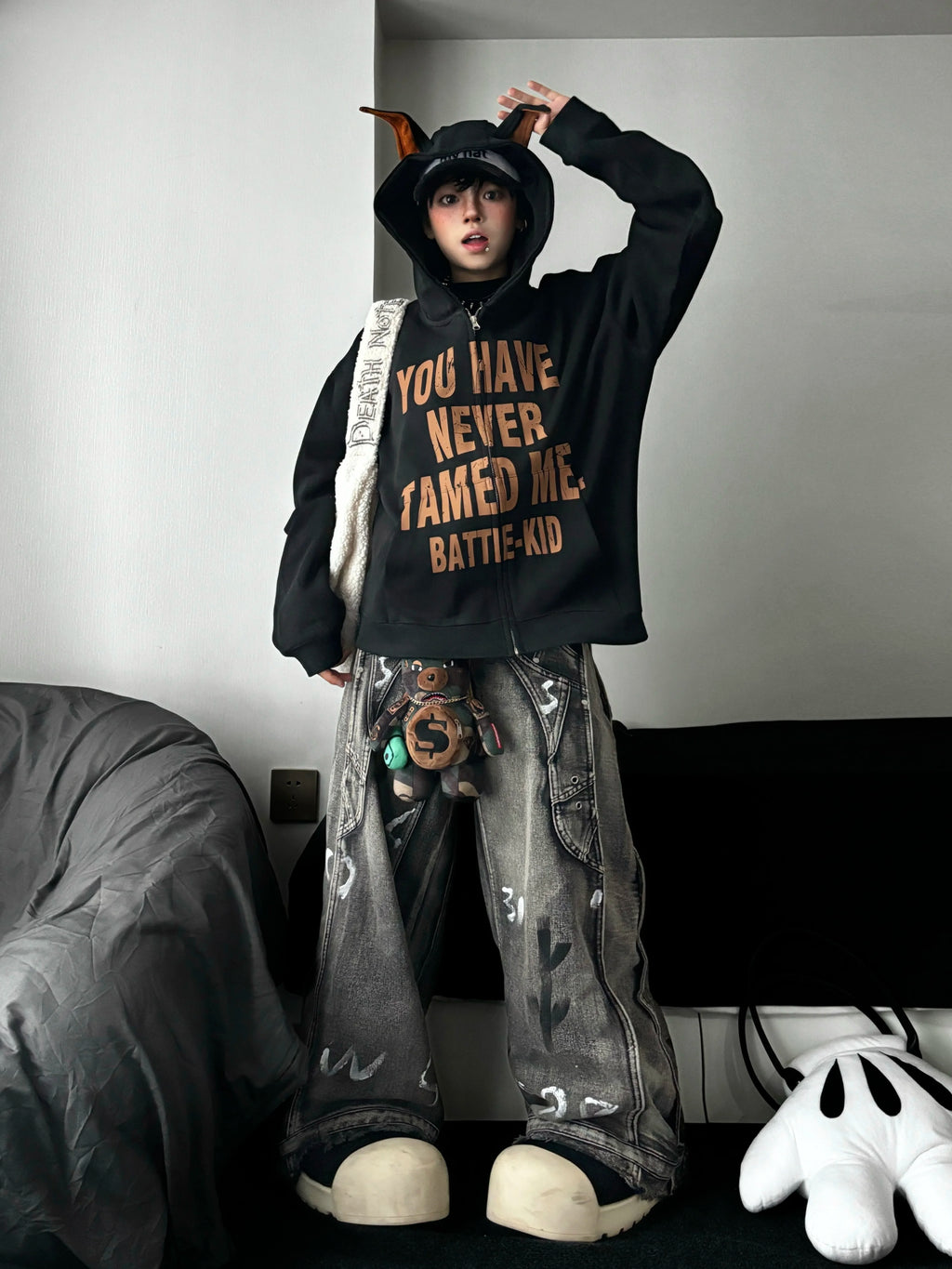 TR BRUSHHIFT American retro vintage distressed graffiti silhouette jeans wide leg mop pants trendy