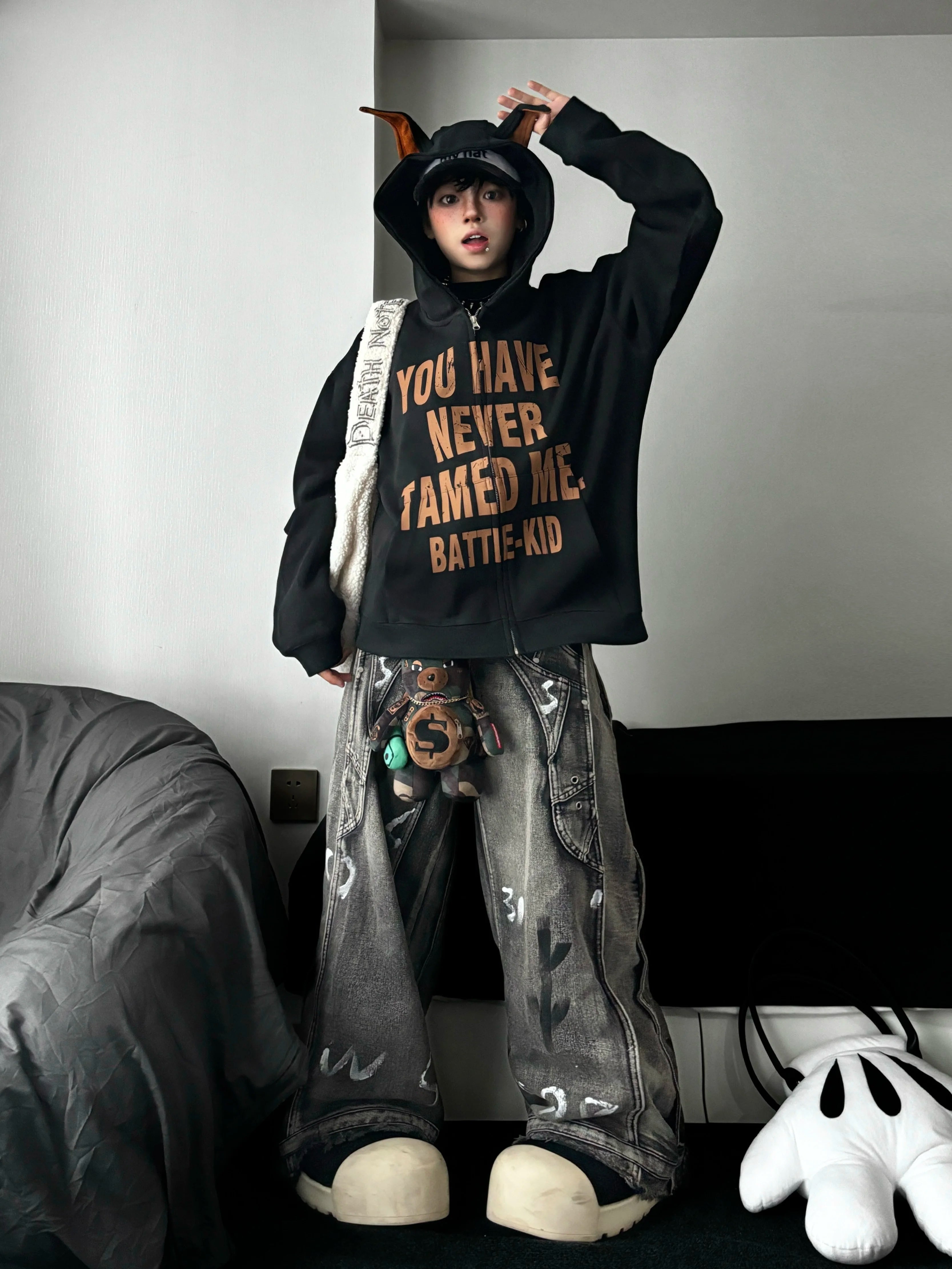 TR BRUSHHIFT American retro vintage distressed graffiti silhouette jeans wide leg mop pants trendy