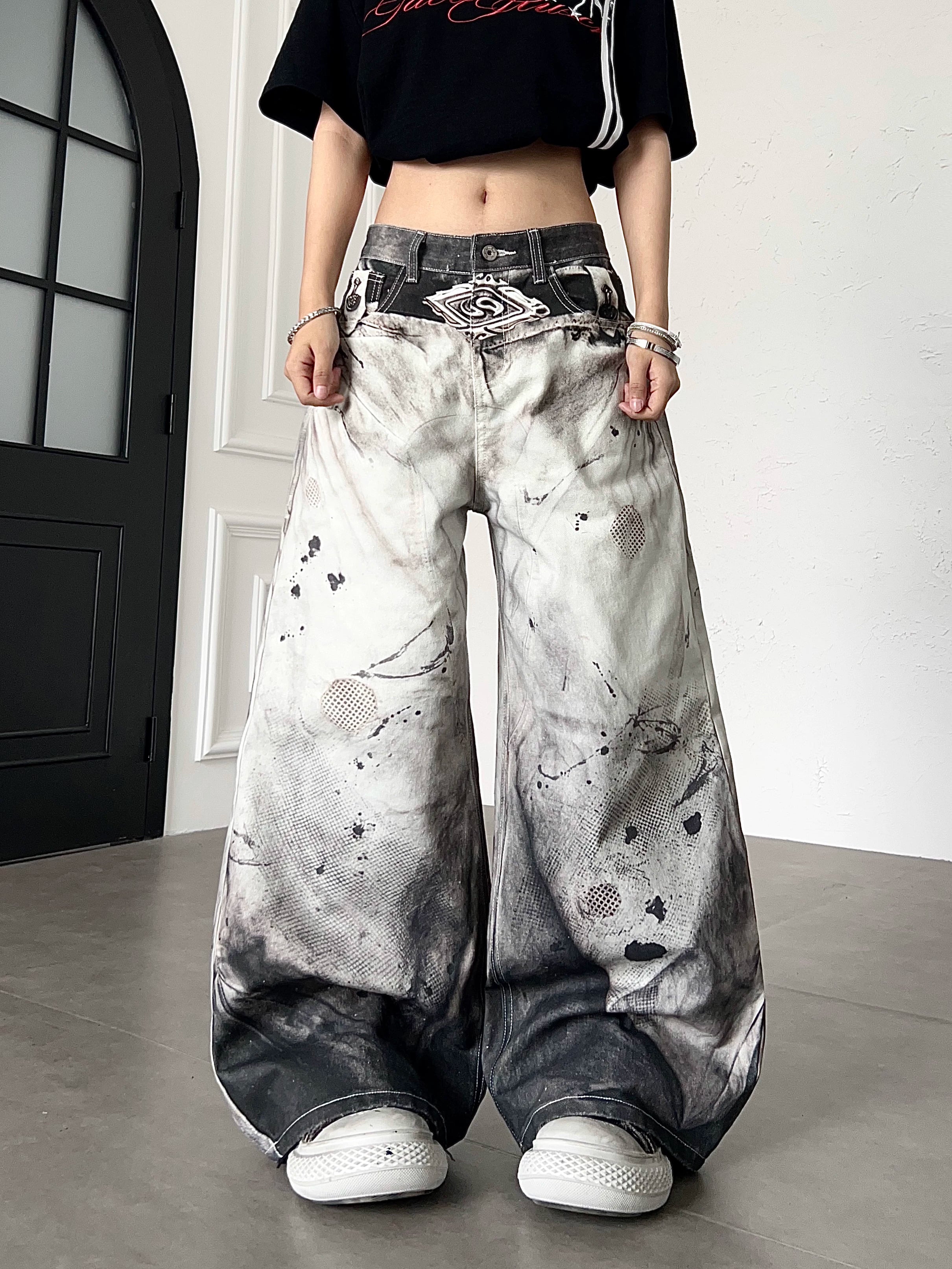 TR BRUSHHIFT American 3D Digital Printing, Dyeing, Splashing Ink, Curved Knife Jeans, Loose Wide Legs, Dirty Pants