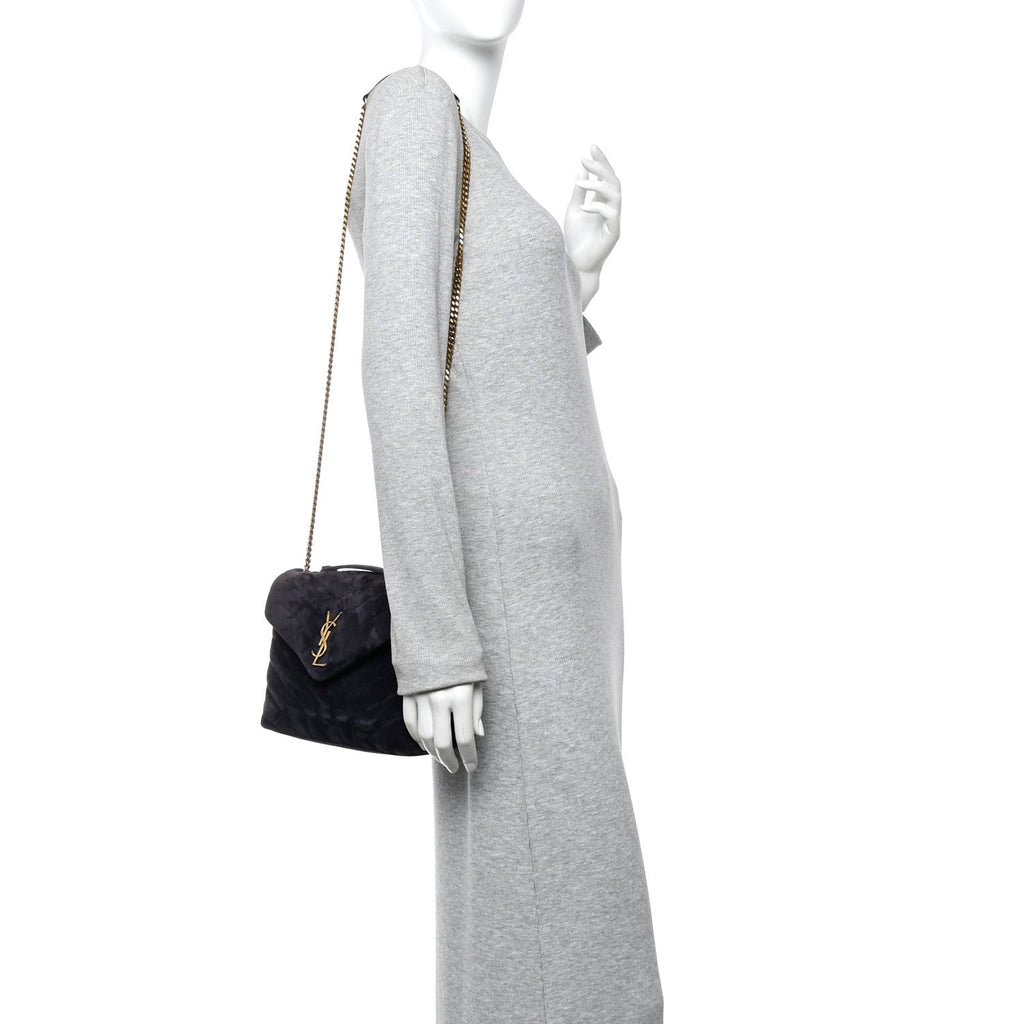 Suede Calfskin Y Quilted Monogram Small Loulou Chain Satchel Deep Marine