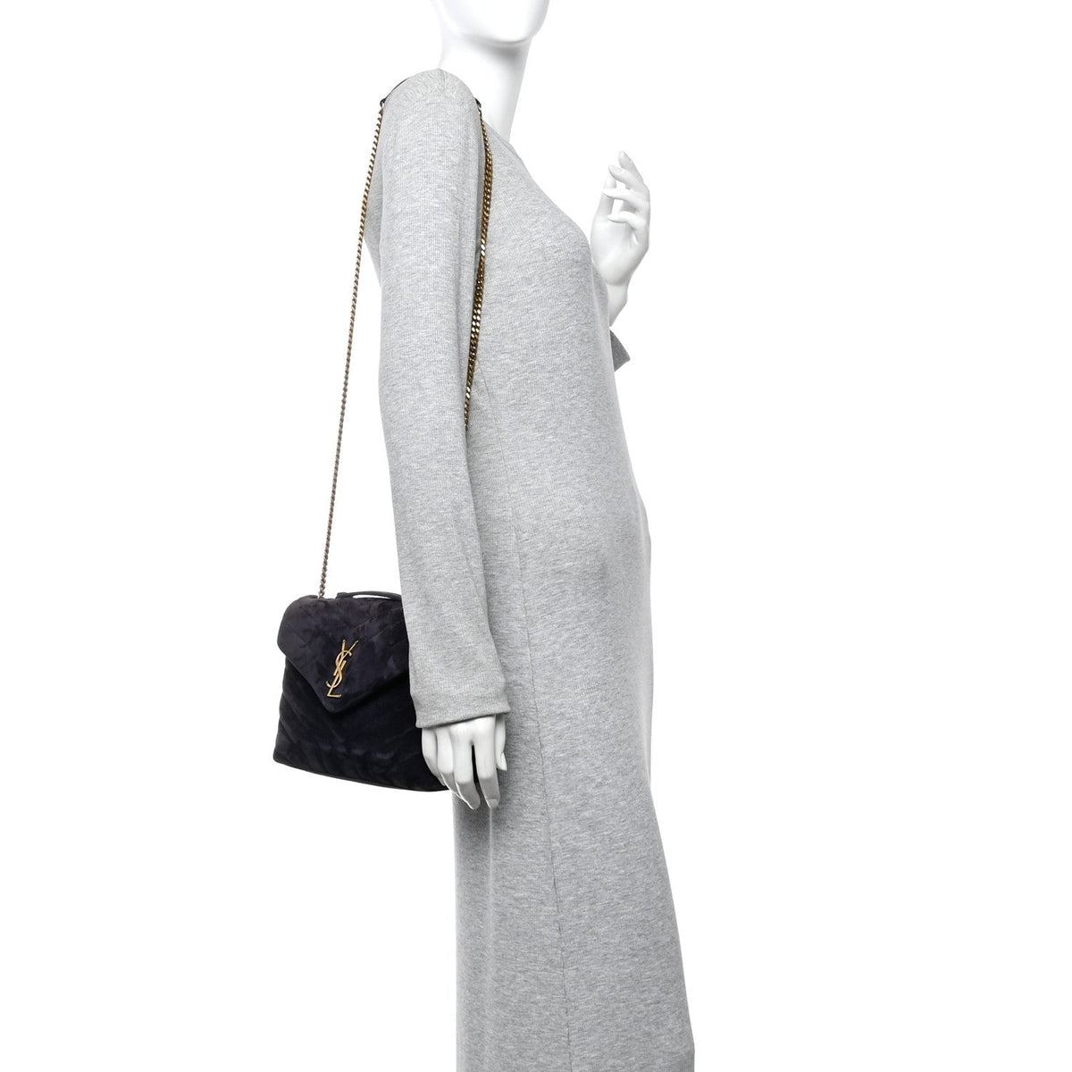 Suede Calfskin Y Quilted Monogram Small Loulou Chain Satchel Deep Marine