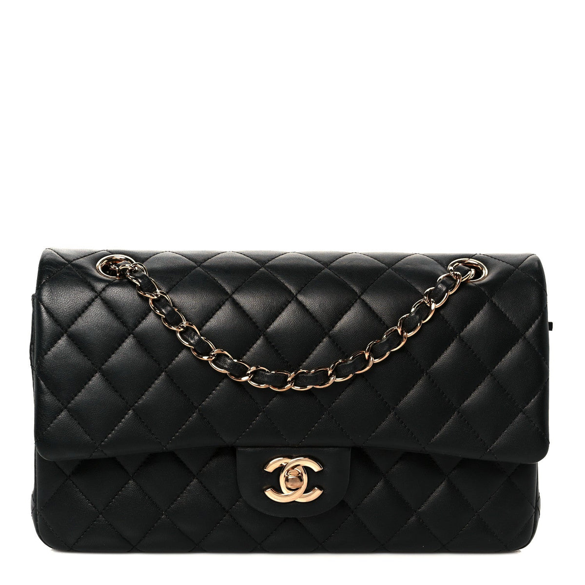 Lambskin Quilted Medium Double Flap Black