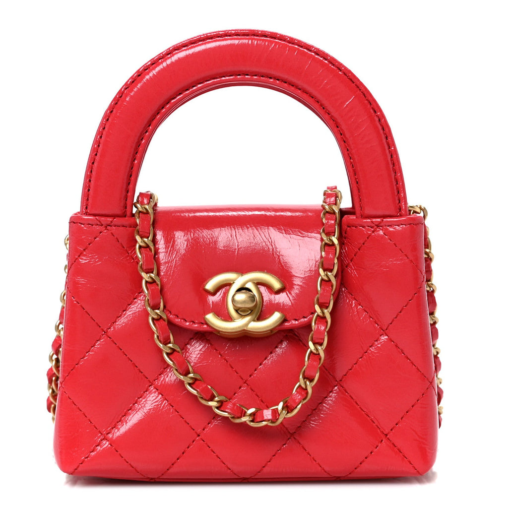 Shiny Aged Calfskin Quilted Mini Nano Kelly Shopper Red