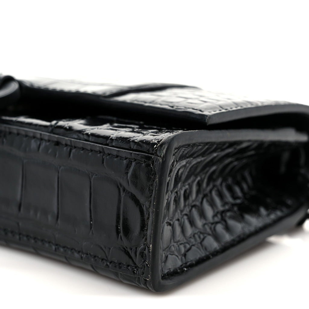 Shiny Calfskin Monochrome Crocodile Embossed Hourglass Chain Bag Black
