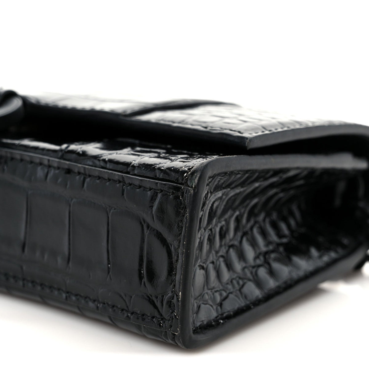 Shiny Calfskin Monochrome Crocodile Embossed Hourglass Chain Bag Black