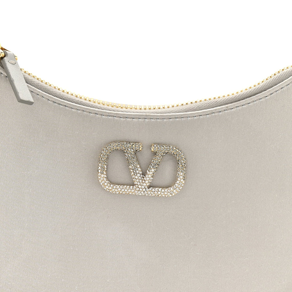 Satin Mini Crystal Vlogo Hobo Bag Silver