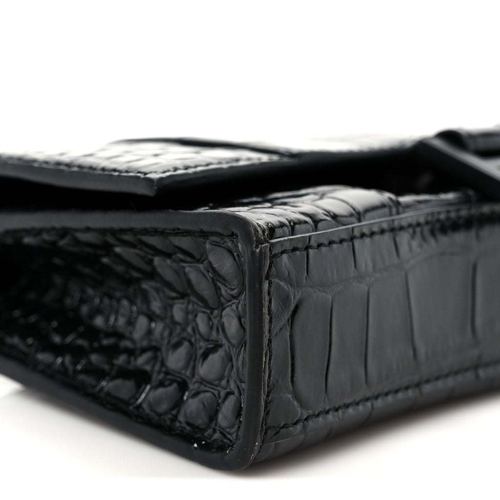 Shiny Calfskin Monochrome Crocodile Embossed Hourglass Chain Bag Black